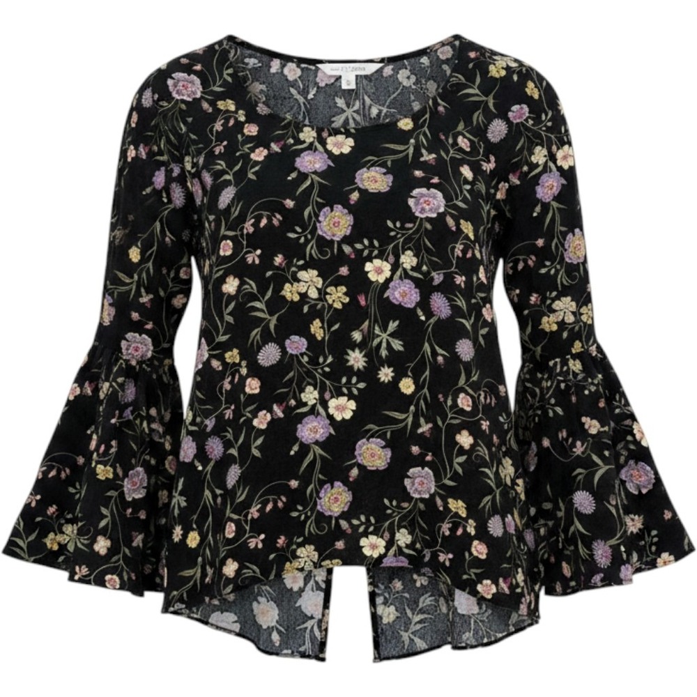 Lauren Conrad Sz M Whimsigoth Black Floral Bell Sleeve Split Back Blouse Top